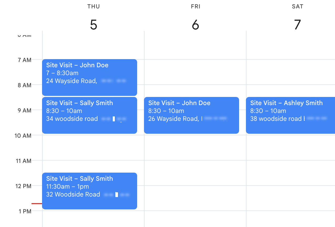 Site visits booked into Google Calendar